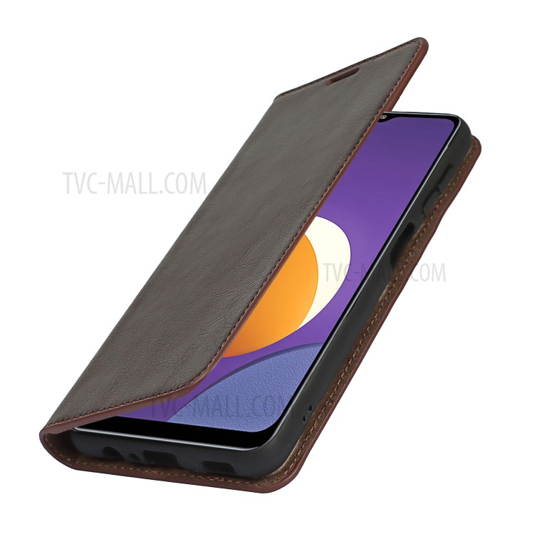 Crazy Horse Texture Genuine Leather Stand Design Wallet Protective Shell for Samsung Galaxy M12 - Coffee-8