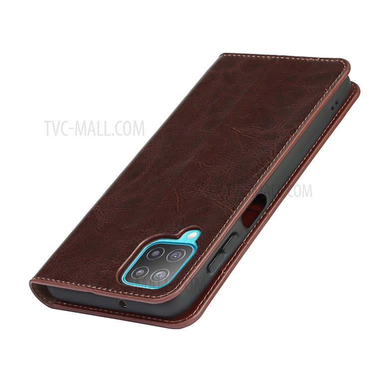 Crazy Horse Texture Genuine Leather Stand Design Wallet Protective Shell for Samsung Galaxy M12 - Coffee-9
