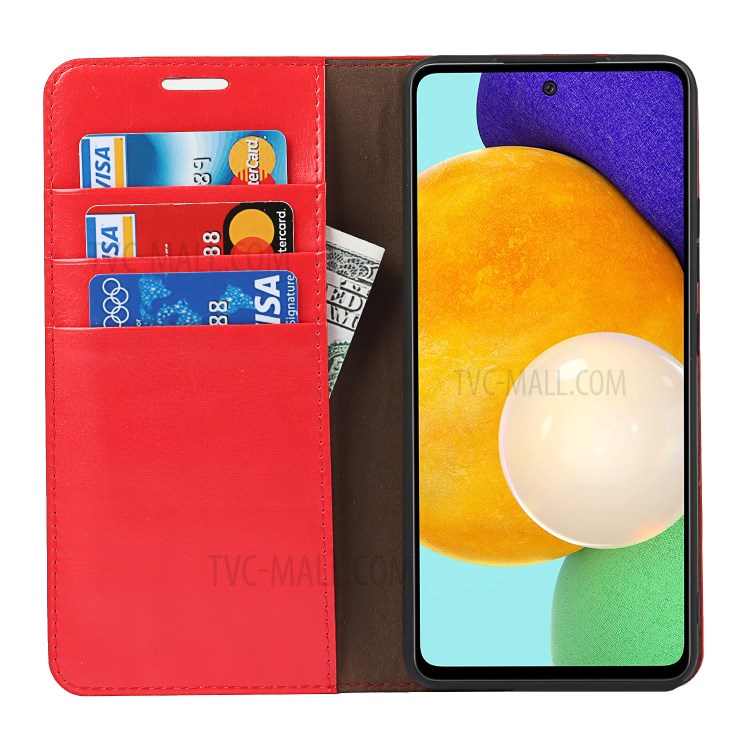 Full Protective Crazy Horse Skin Genuine Leather Wallet Phone Case with Stand for Samsung Galaxy A82 5G - Red-3