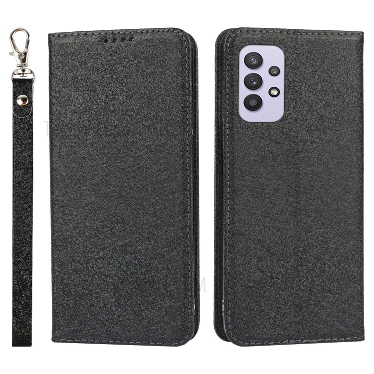 Full Protection Silk Texture Leather Wallet Case for Samsung Galaxy A32 5G - Black-1