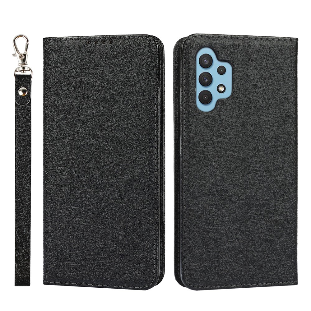 Silk Texture Leather Wallet Case with Strap for Samsung Galaxy A32 4G (EU Version) - Black-1