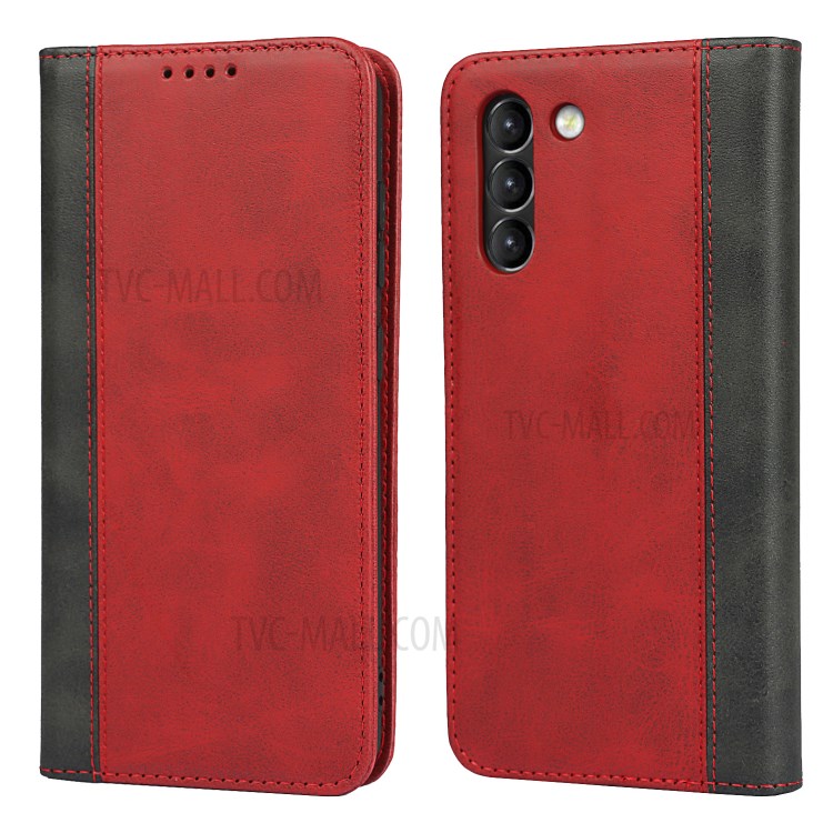 Auto-absorbed Bi-colour Splicing Magnetic Stand Design Leather Wallet Cover for Samsung Galaxy S21 FE - Red-1