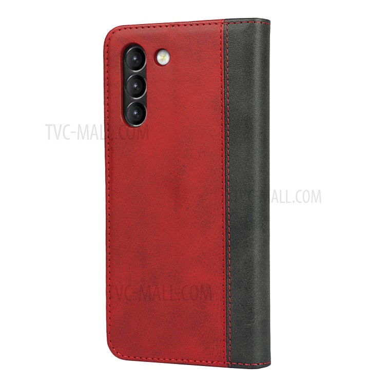 Auto-absorbed Bi-colour Splicing Magnetic Stand Design Leather Wallet Cover for Samsung Galaxy S21 FE - Red-10