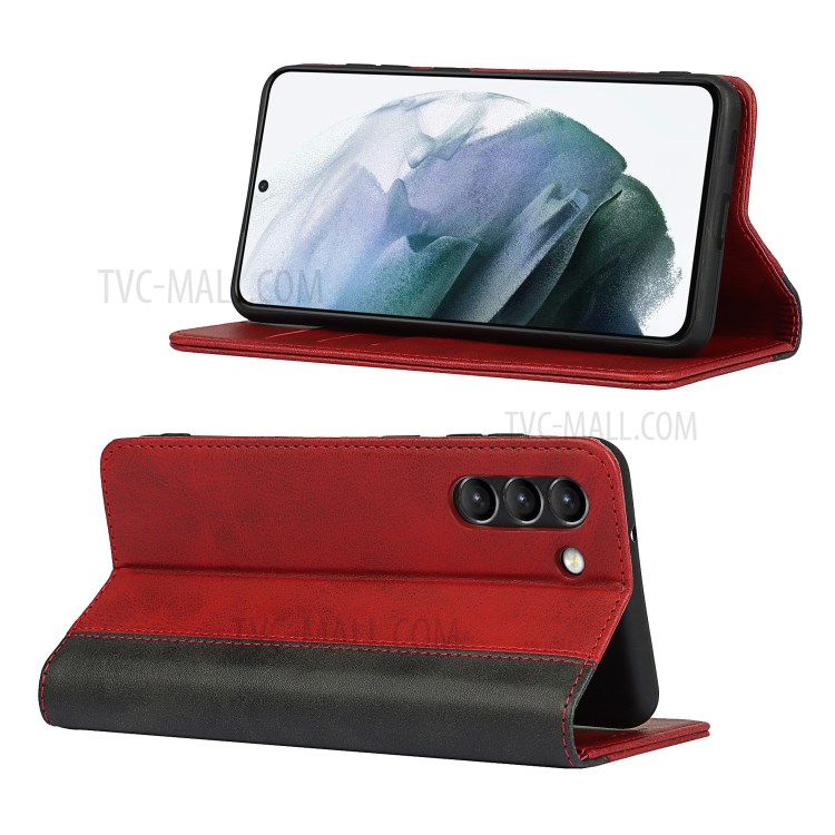 Auto-absorbed Bi-colour Splicing Magnetic Stand Design Leather Wallet Cover for Samsung Galaxy S21 FE - Red-2