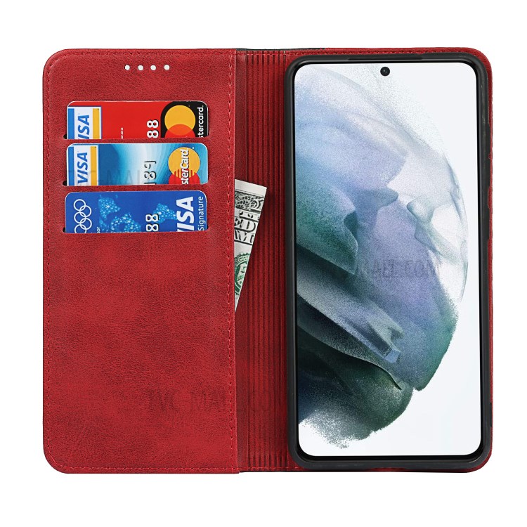 Auto-absorbed Bi-colour Splicing Magnetic Stand Design Leather Wallet Cover for Samsung Galaxy S21 FE - Red-3