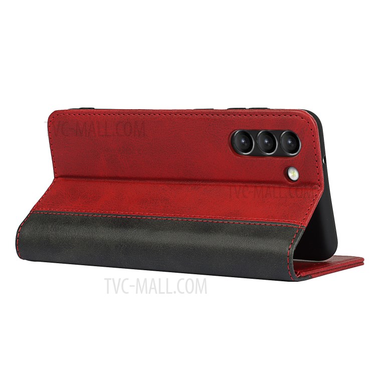 Auto-absorbed Bi-colour Splicing Magnetic Stand Design Leather Wallet Cover for Samsung Galaxy S21 FE - Red-4