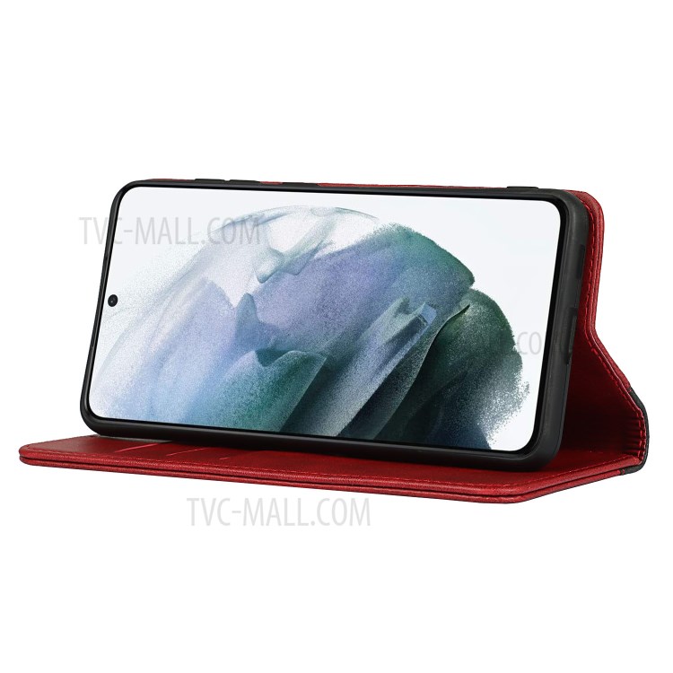 Auto-absorbed Bi-colour Splicing Magnetic Stand Design Leather Wallet Cover for Samsung Galaxy S21 FE - Red-5
