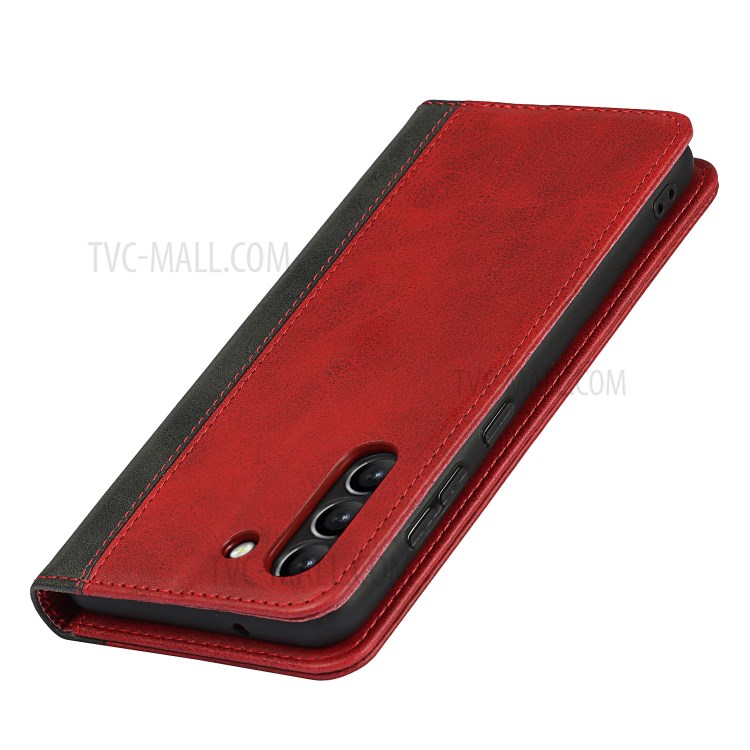Auto-absorbed Bi-colour Splicing Magnetic Stand Design Leather Wallet Cover for Samsung Galaxy S21 FE - Red-7