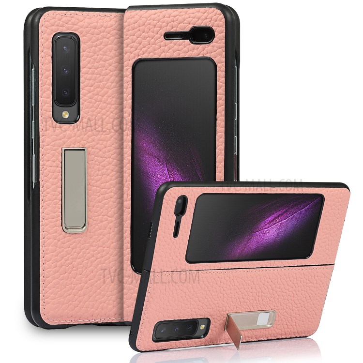 Litchi Texture Genuine Leather Kickstand Phone Case Cover for Samsung Galaxy Fold - Pink-1