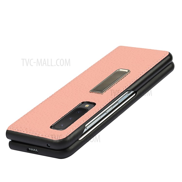 Litchi Texture Genuine Leather Kickstand Phone Case Cover for Samsung Galaxy Fold - Pink-10