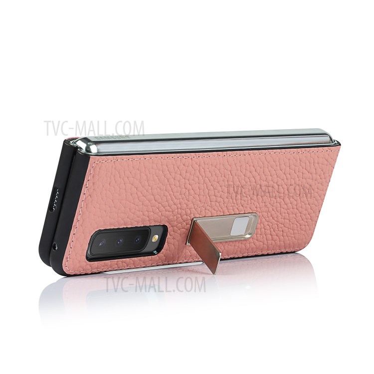 Litchi Texture Genuine Leather Kickstand Phone Case Cover for Samsung Galaxy Fold - Pink-2