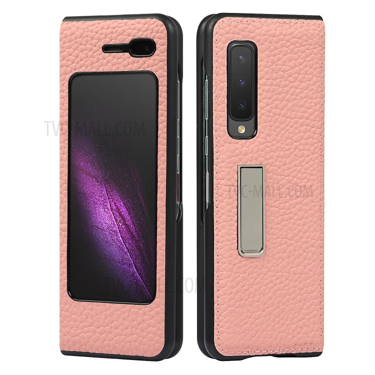 Litchi Texture Genuine Leather Kickstand Phone Case Cover for Samsung Galaxy Fold - Pink-4