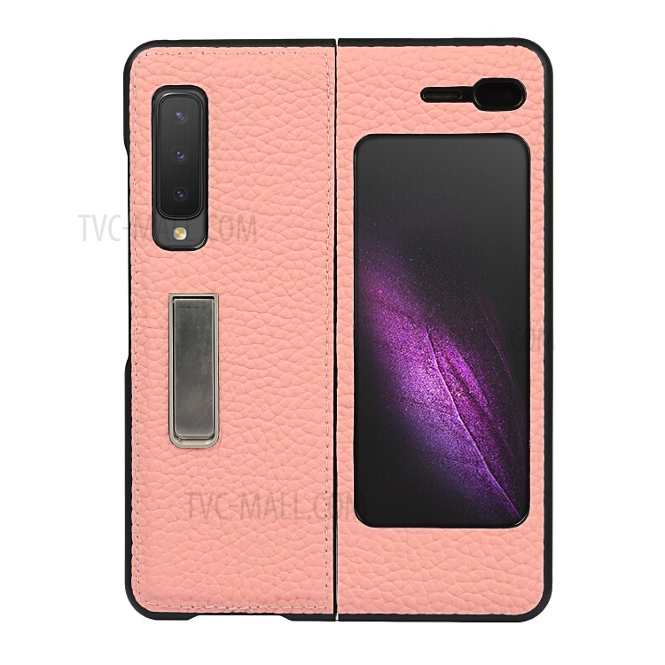 Litchi Texture Genuine Leather Kickstand Phone Case Cover for Samsung Galaxy Fold - Pink-5