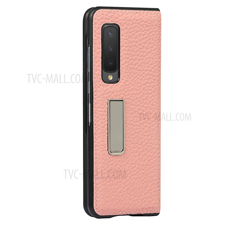 Litchi Texture Genuine Leather Kickstand Phone Case Cover for Samsung Galaxy Fold - Pink-8