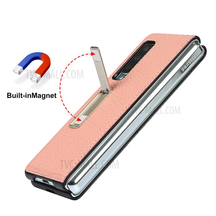 Litchi Texture Genuine Leather Kickstand Phone Case Cover for Samsung Galaxy Fold - Pink-9