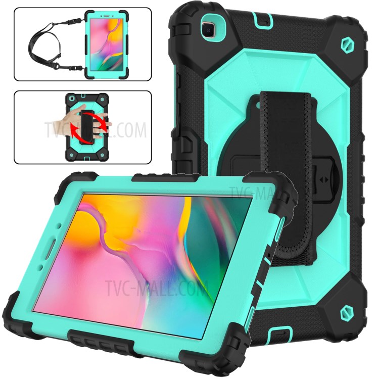 PC + TPU + Silicone Contrast Color Tablet Case Cover with Hand Strap Kickstand Design for Samsung Galaxy Tab A 8.0 Wi-Fi (2019) SM-T290 - Black/Aqua-1