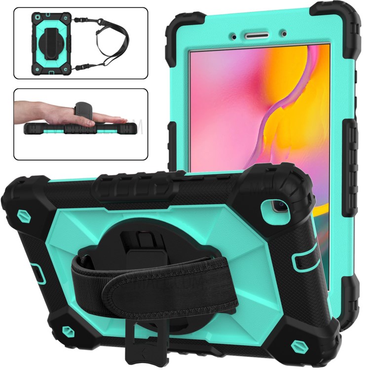 PC + TPU + Silicone Contrast Color Tablet Case Cover with Hand Strap Kickstand Design for Samsung Galaxy Tab A 8.0 Wi-Fi (2019) SM-T290 - Black/Aqua-4