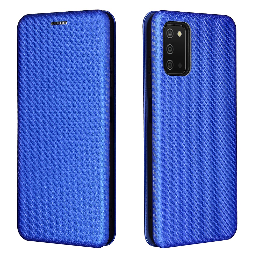 Automatic Absorption Carbon Fiber Texture Leather Stand Case with Card Slot and Ring Strap for Samsung Galaxy A03s - Blue-1