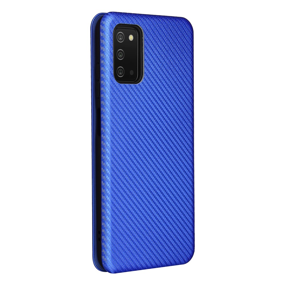 Automatic Absorption Carbon Fiber Texture Leather Stand Case with Card Slot and Ring Strap for Samsung Galaxy A03s - Blue-10