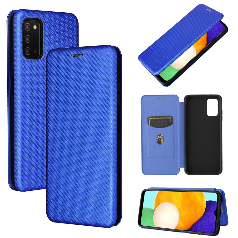 Automatic Absorption Carbon Fiber Texture Leather Stand Case with Card Slot and Ring Strap for Samsung Galaxy A03s - Blue-13
