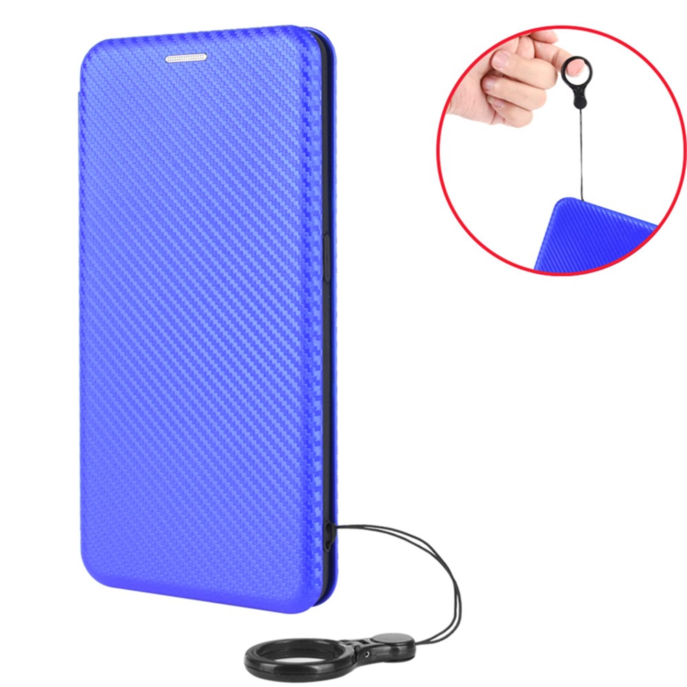 Automatic Absorption Carbon Fiber Texture Leather Stand Case with Card Slot and Ring Strap for Samsung Galaxy A03s - Blue-7