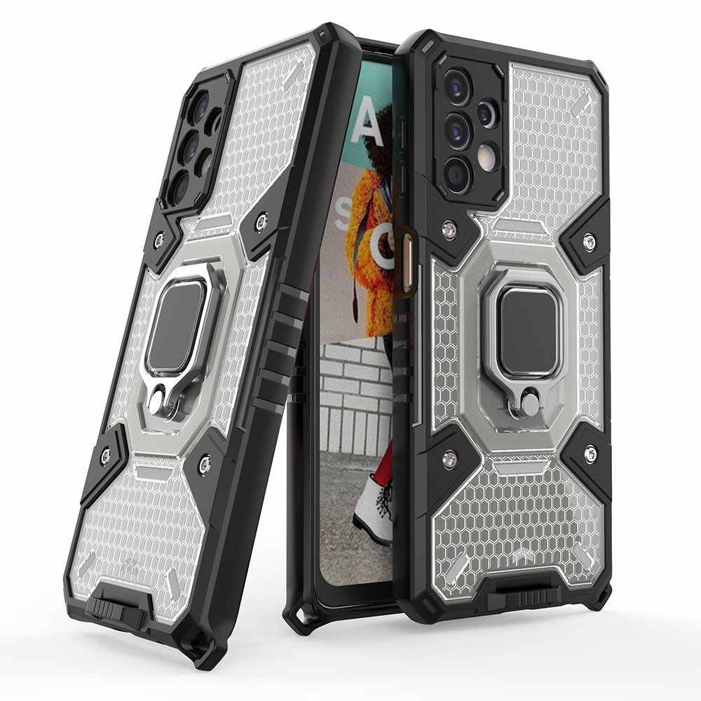 PC+TPU Hybrid Case Full Protection Magnetic Ring Kickstand Cover for Samsung Galaxy A32 5G - Grey-1