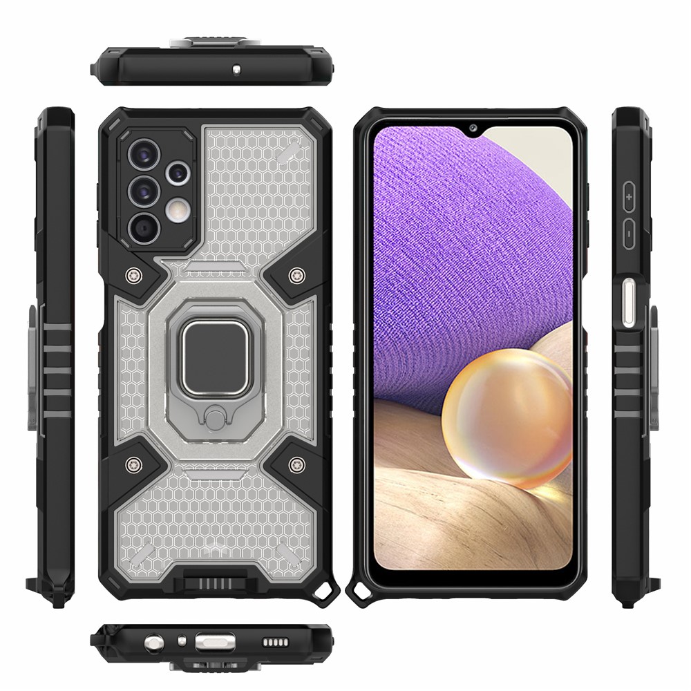 PC+TPU Hybrid Case Full Protection Magnetic Ring Kickstand Cover for Samsung Galaxy A32 5G - Grey-9