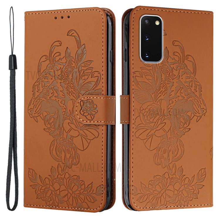 Tiger Head Pattern Imprinting Leather Wallet Stand Case for Samsung Galaxy S20 4G/5G - Brown-1