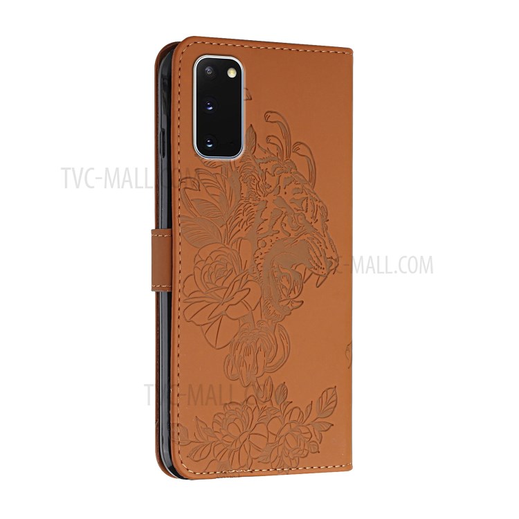 Tiger Head Pattern Imprinting Leather Wallet Stand Case for Samsung Galaxy S20 4G/5G - Brown-3