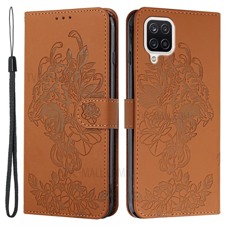 Wallet Design Tiger Head Pattern Imprinting Leather Stand Case for Samsung Galaxy A12 - Brown-1