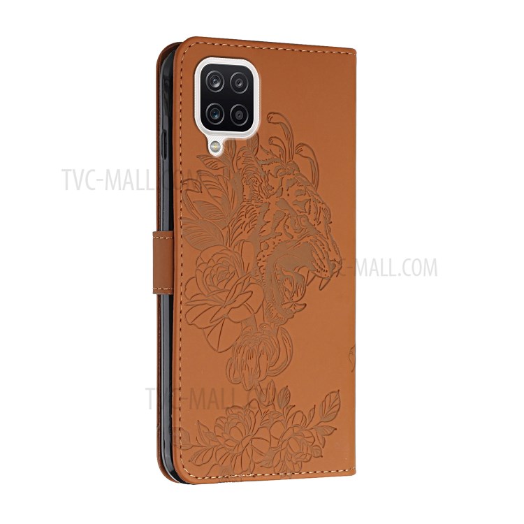 Wallet Design Tiger Head Pattern Imprinting Leather Stand Case for Samsung Galaxy A12 - Brown-3