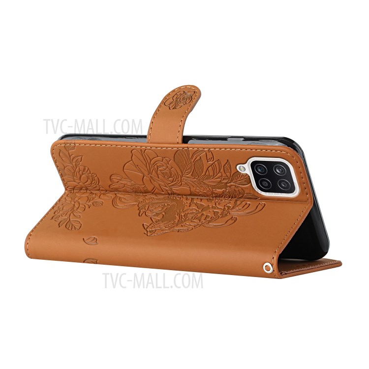 Wallet Design Tiger Head Pattern Imprinting Leather Stand Case for Samsung Galaxy A12 - Brown-4