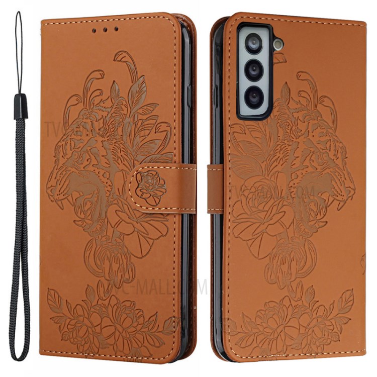 Wallet Stand Leather Phone Case Imprint Tiger Head Flower Cover Shell for Samsung Galaxy S21 FE - Brown-1