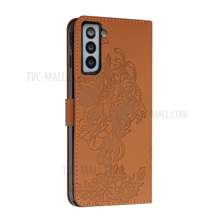 Wallet Stand Leather Phone Case Imprint Tiger Head Flower Cover Shell for Samsung Galaxy S21 FE - Brown-3
