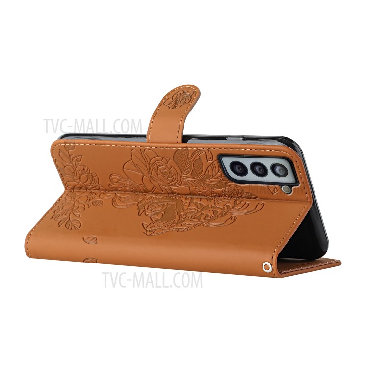 Wallet Stand Leather Phone Case Imprint Tiger Head Flower Cover Shell for Samsung Galaxy S21 FE - Brown-4