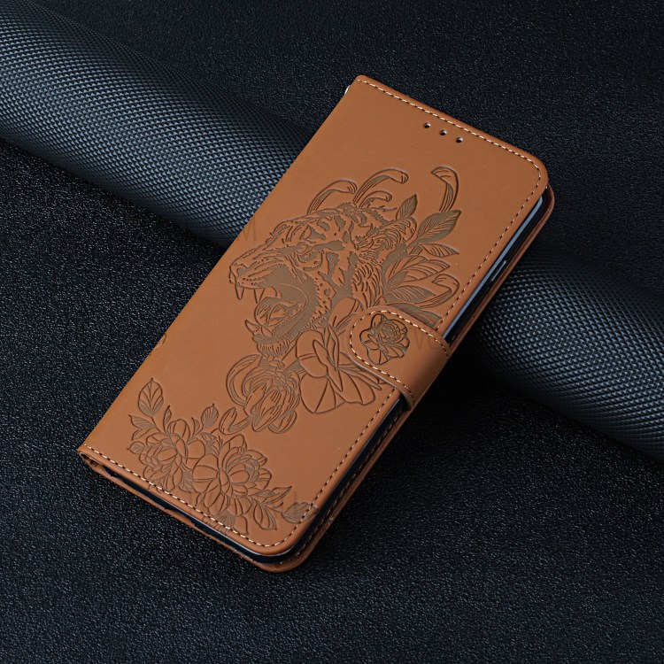 Wallet Stand Leather Phone Case Imprint Tiger Head Flower Cover Shell for Samsung Galaxy S21 FE - Brown-8