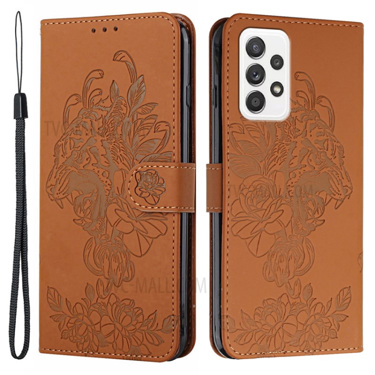 Imprint Tiger Head Flower Shockproof Leather Stand Case Wallet Cover with Strap for Samsung Galaxy A52 4G/5G - Brown-1