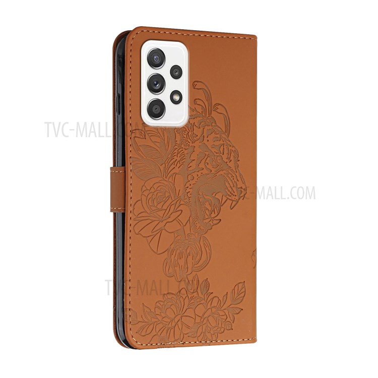 Imprint Tiger Head Flower Shockproof Leather Stand Case Wallet Cover with Strap for Samsung Galaxy A52 4G/5G - Brown-3