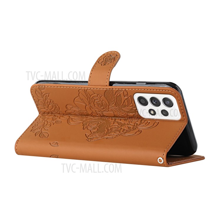 Imprint Tiger Head Flower Shockproof Leather Stand Case Wallet Cover with Strap for Samsung Galaxy A52 4G/5G - Brown-4