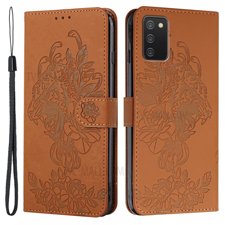 Tiger Head Flower Imprinted Full Body Protection Leather Case Cover with Wallet and Stand for Samsung Galaxy A03s - Brown-1