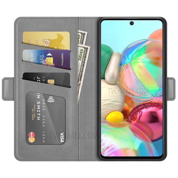 Dual Magnetic Clasp PU Leather Phone Wallet Case Shell with Stand for Samsung Galaxy A71 4G SM-A715 - Grey-7
