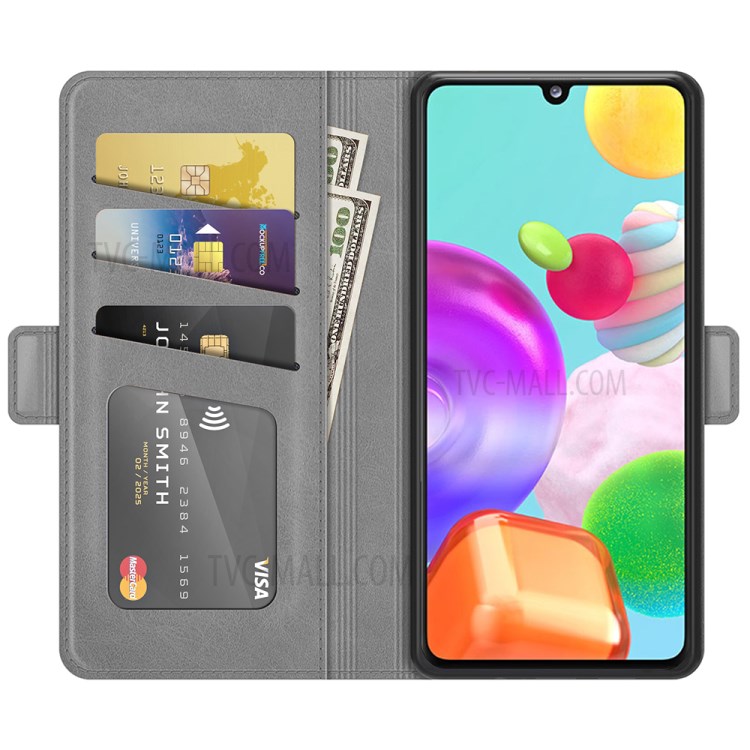 Wallet Design Dual Magnetic Clasp PU Leather Phone Stand Case Shell for Samsung Galaxy A41 (Global Version) - Grey-7