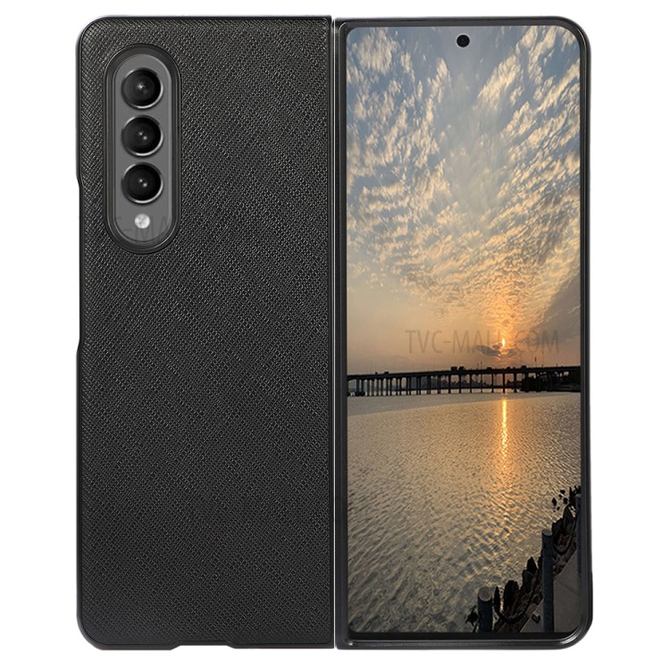 Cross Texture Genuine Leather Coated Hard PC Phone Back Case Shell for Samsung Galaxy Z Fold3 5G - Black-1