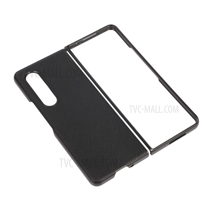 Cross Texture Genuine Leather Coated Hard PC Phone Back Case Shell for Samsung Galaxy Z Fold3 5G - Black-4