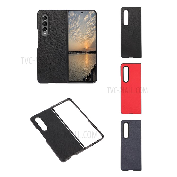 Cross Texture Genuine Leather Coated Hard PC Phone Back Case Shell for Samsung Galaxy Z Fold3 5G - Black-5
