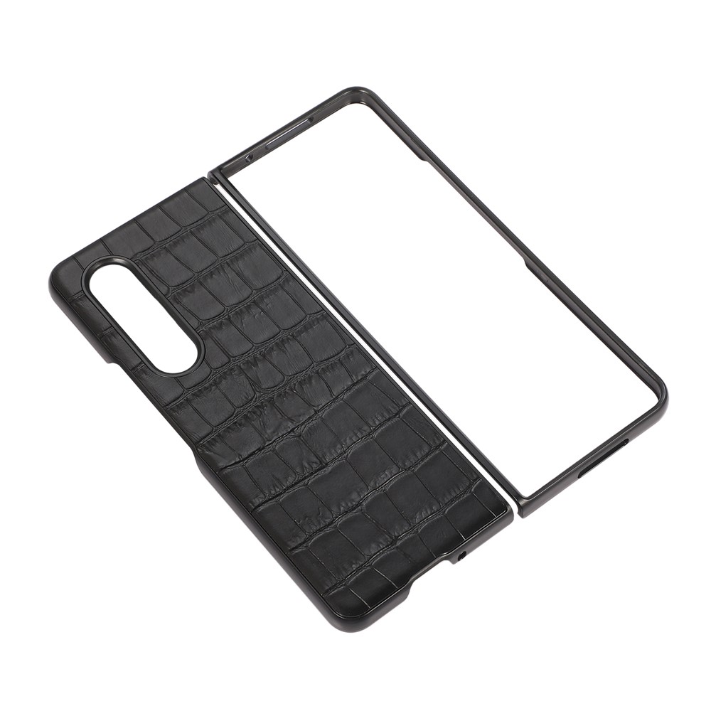 Crocodile Haut Echtes Leder + PC Hybrid Telefon Zurück Für Samsung Galaxy Z Fold3 5g - Schwarz-3