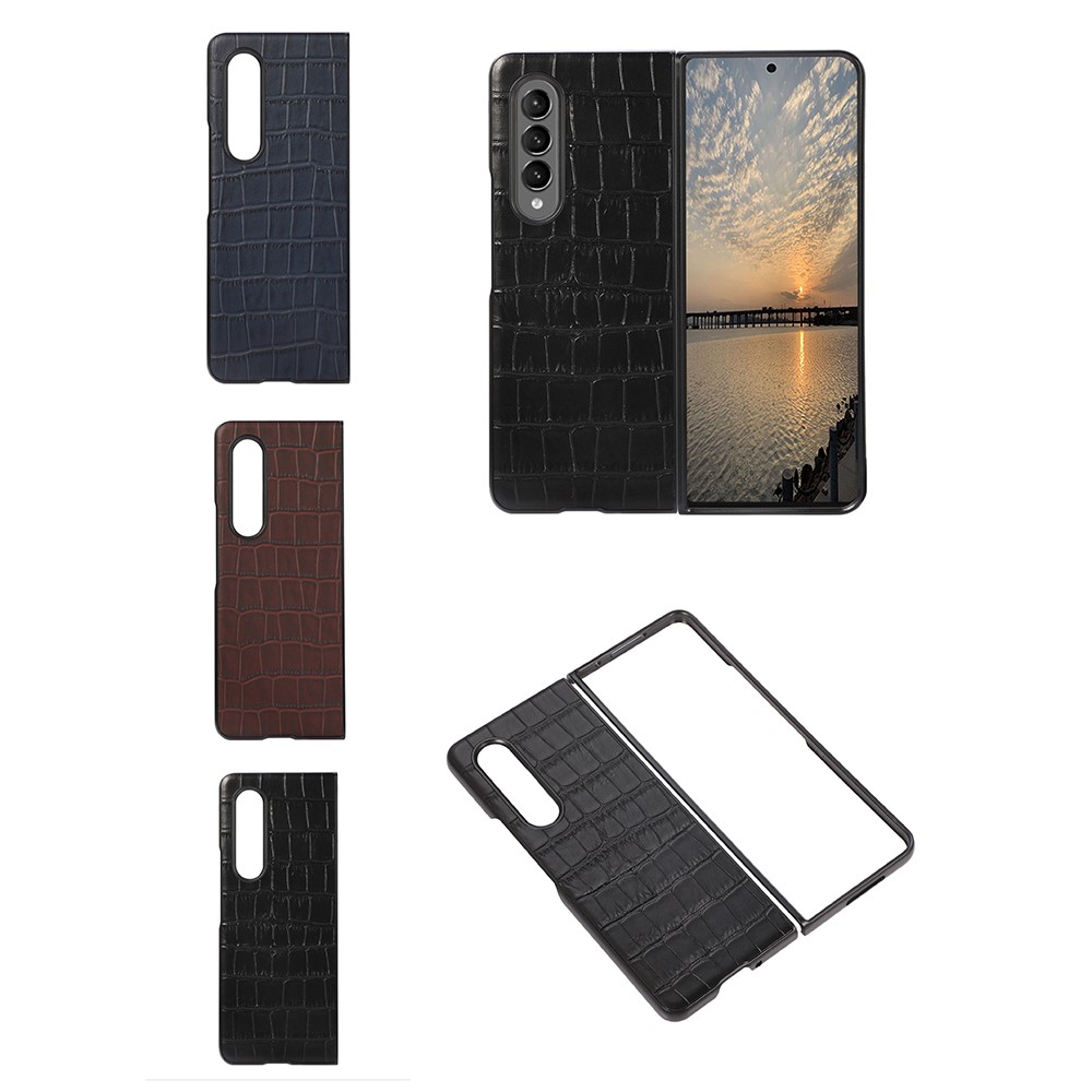 Crocodile Haut Echtes Leder + PC Hybrid Telefon Zurück Für Samsung Galaxy Z Fold3 5g - Schwarz-4