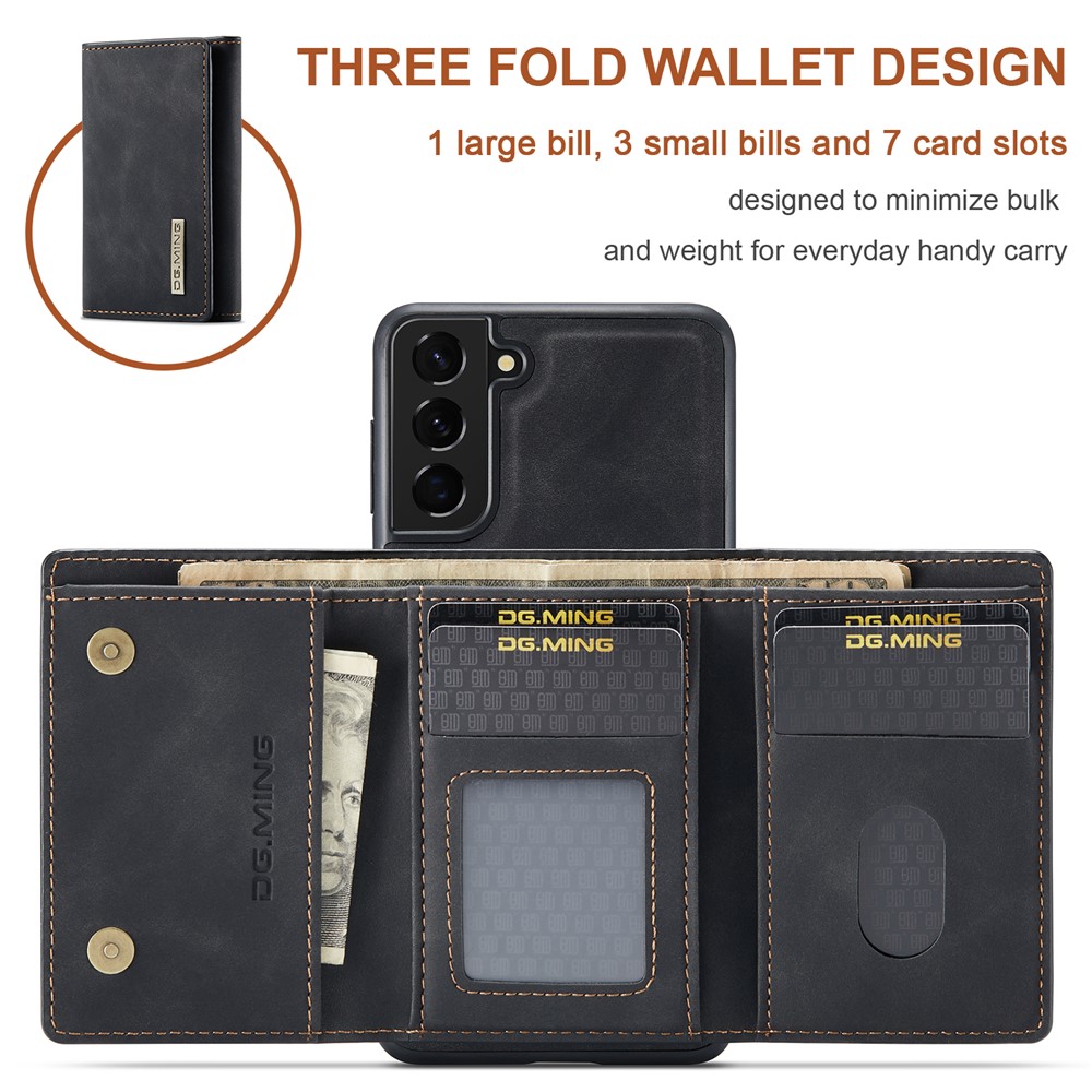 DG.MING M1 Series Detachable 2 in 1 Wallet Design Leather Coated TPU + PC Case with Kickstand for Samsung Galaxy S21 FE - Black-7