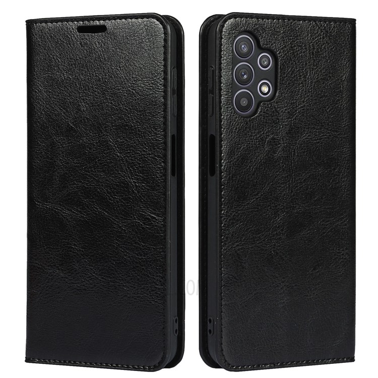 Full Protective Crazy Horse Skin Genuine Leather Wallet Phone Case with Stand for Samsung Galaxy A32 5G - Black-1