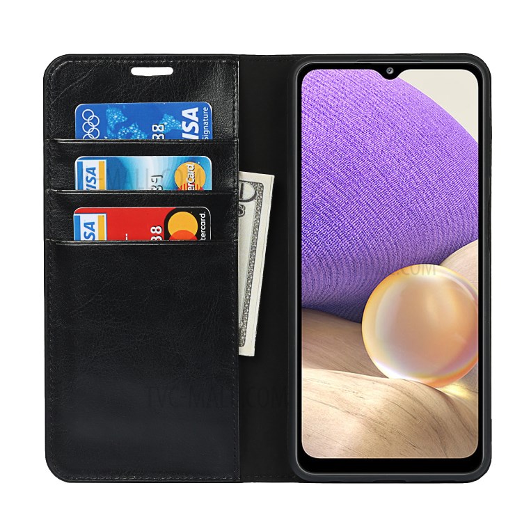 Full Protective Crazy Horse Skin Genuine Leather Wallet Phone Case with Stand for Samsung Galaxy A32 5G - Black-4